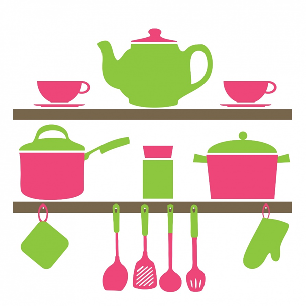 Pink and green drawing of kitchen equipment on shelf